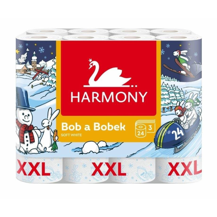 Harmony Soft White 3vsrtvý toaletní papír Bob &amp; Bobek 118 útržků, role 15 m, 24 rolí
